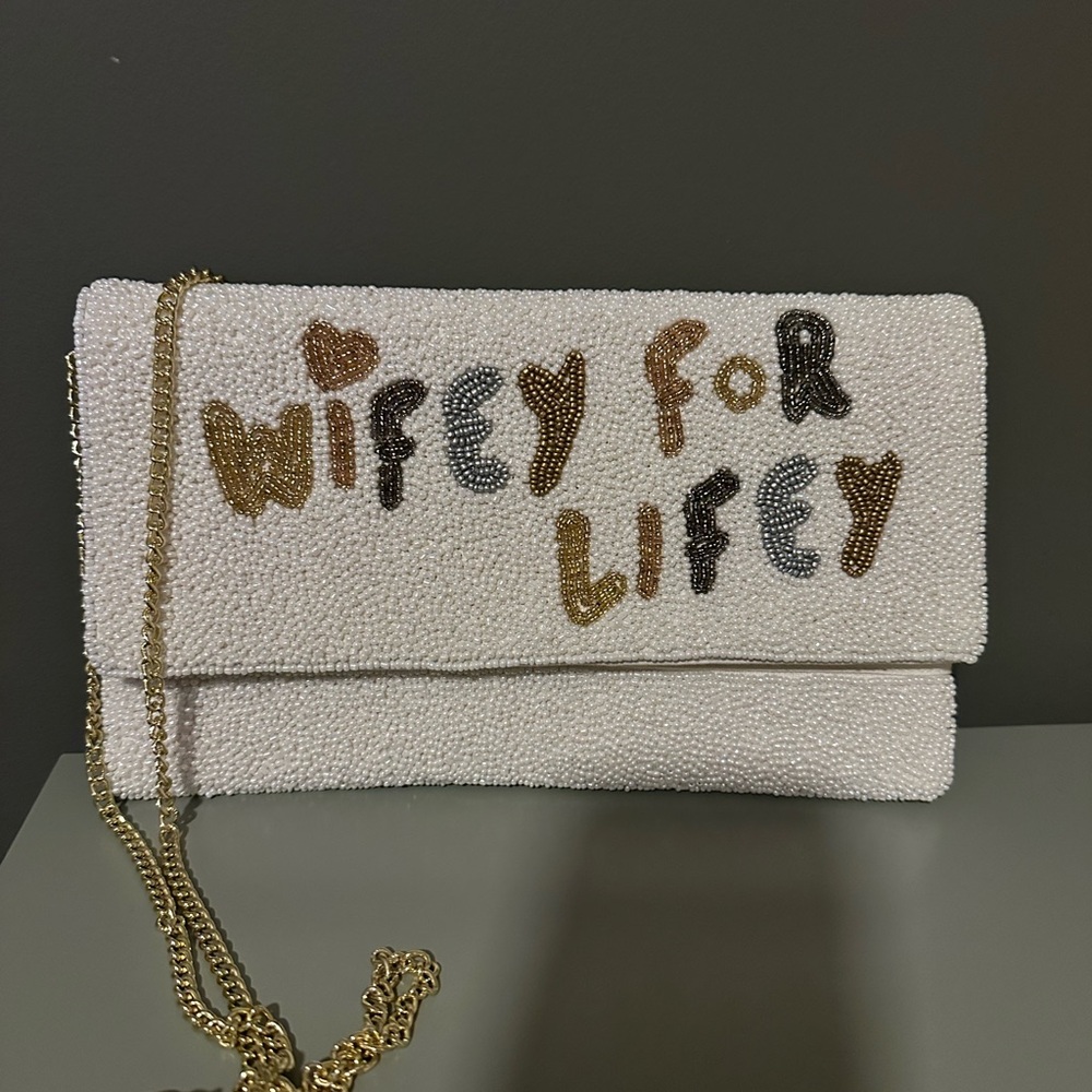White Beaded Clutch with Gold Chain